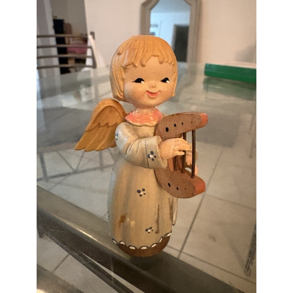 Vintage Italian Wood Carved Angel Figurine Playing Lyre Harp Made In Italy